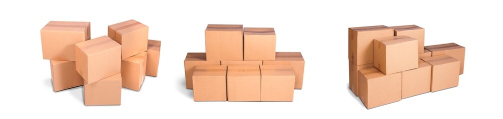 cardboard pile or piles box or stack carton isolated on white background. Online marketing packaging boxes and delivery
