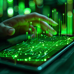 Naklejka premium A hand is touching a green screen with a lot of dots on it. Concept of technology and innovation, as the dots could represent data or information being processed by the device