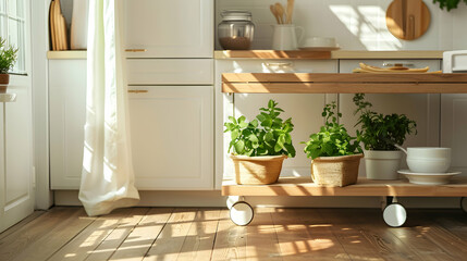 A serene kitchen with a wooden floor and a wooden cart. There are two mint plants in pots on the...