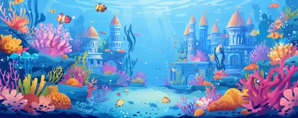 Whimsical underwater mermaid kingdom with coral palaces, colorful fish, and mermaid statues. Vector flat minimalistic isolated illustration.