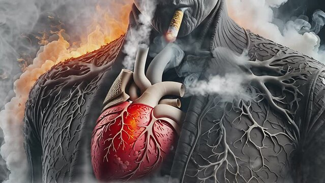 Illustrative view of smoker's smoke in the lungs juxtaposed with blood vessels, highlighting the impact on health