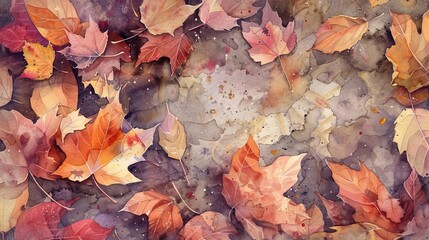 Obraz premium Watercolor image featuring leaves scattered on the ground, vibrant hues of autumn foliage