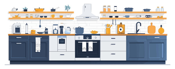 Modern kitchen with appliances, pots, and pans on a white background. Vector flat isolated illustration.