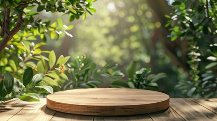 Elegant wooden product display podium with soft focus nature leaves on a serene green background, 3d rendering