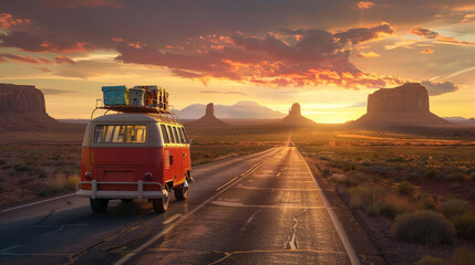 Vintage camper van driving on road in American's Wild West at sunset