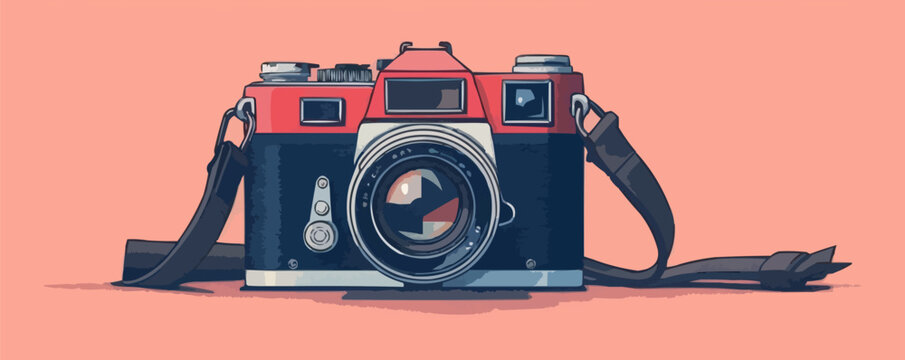 Vintage film camera with adjustable lens and strap Vector flat minimalistic isolated illustration