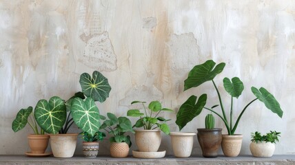 A variety of Alocasia plants in different pots arranged against a rustic wall, creating a charming display.