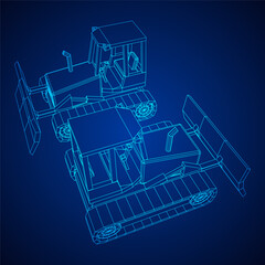 Big front-end loader bulldozer. Heavy equipment machine and manufacturing equipment for mining. Wireframe low poly mesh vector illustration.