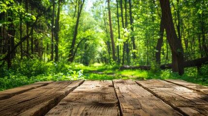 Fototapeta premium Wooden table set against a lush spring forest background in bloom, capturing the beauty of nature in full swing
