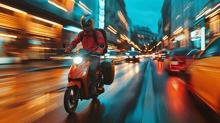 Urban Express: Delivery Courier Speeding Through City Traffic on Motorbike