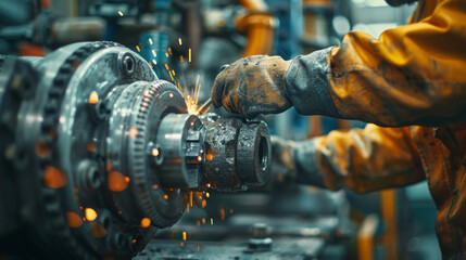 Obraz premium Worker wearing gloves operating machinery in an industrial workshop with sparks flying, emphasizing hands-on technical work.