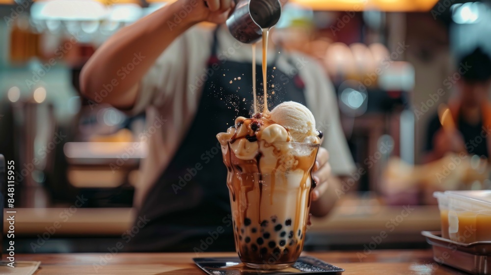 Poster a barista adding a scoop of ice cream to a bubble milk tea drink, creating a decadent and indulgent 