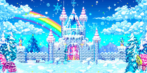 8-bit pixel art crystal castle backdrop for wedding ceremony with white and rainbow accents