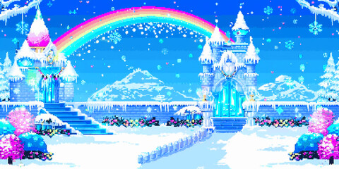 8-bit pixel art crystal castle backdrop for wedding ceremony with white and rainbow accents