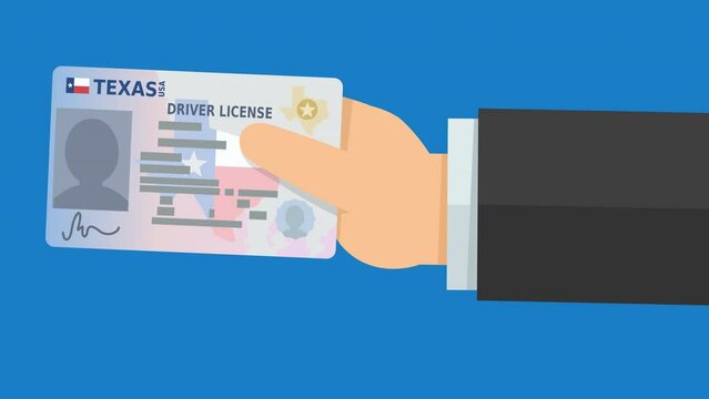 A hand presents a driver's license from the US state of Texas from the right on blue background (flat design)