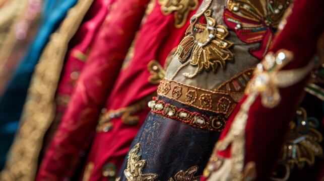 Close-up of Moroccan kaftan detailing, showcasing luxurious fabrics and detailed embroidery.