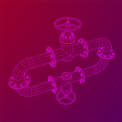 Oil pipeline with valve. Petrol production. Petroleum fuel industry transportation line. Wireframe low poly mesh vector illustration