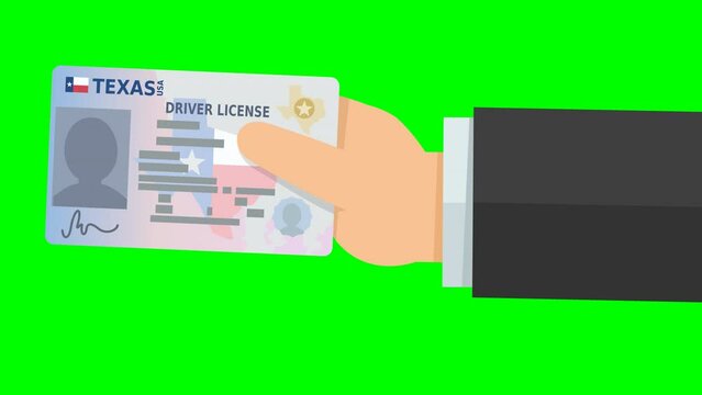 A hand presents a driver's license from the US state of Texas from the right on green screen, transparent background with alpha channel (flat design)