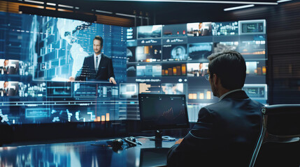 Businessman Monitoring Global Networks in High-Tech Control Room.