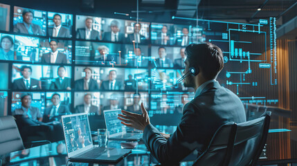 Fototapeta premium Businessman Monitoring Global Networks in High-Tech Control Room.