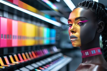 Young Woman with AI Digital Face Mask in a Futuristic Retail Environment