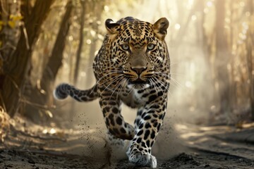 Obraz premium High speed photography of a leopard running in the forest 