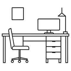 Fototapeta premium Continuous Line Drawing of Home Office Interior - Modern Work Desk & Laptop.