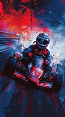 Karting car, creative poster, vector graphics, red end blue colors