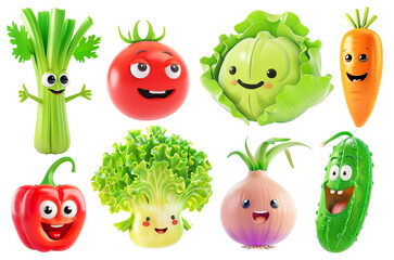 Fresh salad vegetables, collection of cartoon characters, cut out