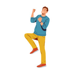 Young man jumps with joy, fists raised in celebration. Ideal for expressing jubilation, achievement, and excitement. Conveys feelings of success, triumph, and happiness. Isolated on white background