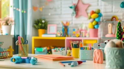 A child's study desk with colorful supplies and educational toys, encouraging learning and exploration.