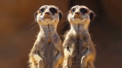 Fototapeta premium Two meerkats stand upright, their bodies tense, and their eyes scanning the horizon