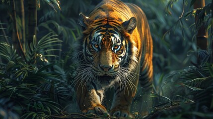 A powerful Bengal tiger strides through dense green foliage, its gaze fixed ahead with an air of quiet confidence