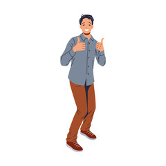 Fashionable young man with stylish black hair, donning a blue shirt and beige pants. He is smiling warmly at the camera and showing a thumbs-up sign in approval of the situation. Isolated background