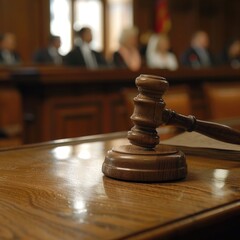A wooden gavel resting on a table in a courtroom, symbolizing judicial authority