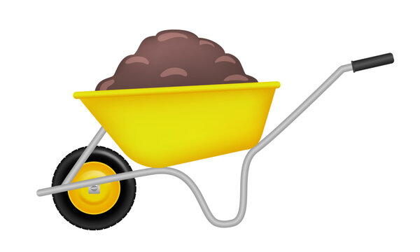 recommend clip art: Garden wheelbarrow with vermicompost. Yellow garden wheelbarrow, vector clipart isolated on white background.