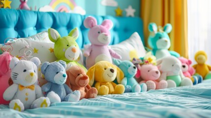 Obraz premium A colorful collection of plush toys arranged neatly on a child's bed, ready for playtime.