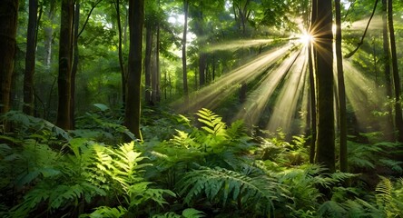 Fototapeta premium sun rays in the green forest