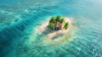 Little island with palm tree in middle of blue sea water