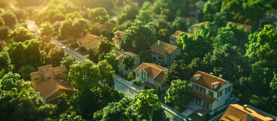 an idyllic suburban neighborhood with neatly arranged houses surrounded by lush greenery and trees