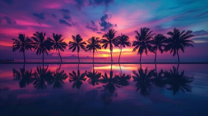 Obraz premium Palm tree silhouette with water reflection at sunset