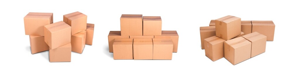 Title: cardboard pile or piles box or stack carton isolated on white background. Online marketing packaging boxes and delivery