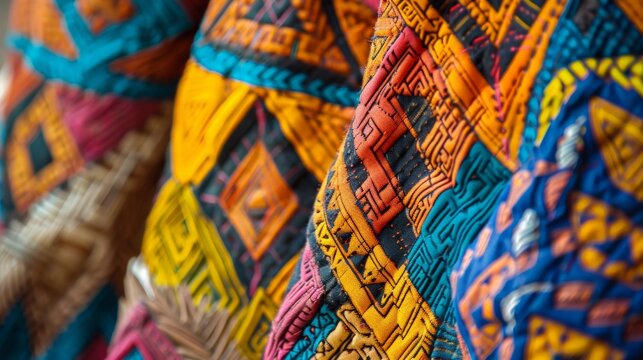 Close-up of a Micronesian lavalava, emphasizing the geometric patterns and bright colors typical of the attire.