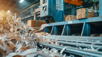 "Wood shavings on a conveyor belt in a busy timber processing facility, showcasing the manufacturing and lumber industry."