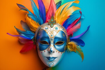 Photo hi resolution festive face mask for carnival on colored background
