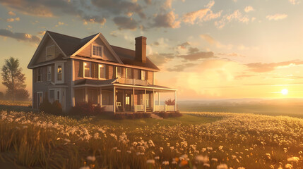 A traditional farmhouse with a gabled roof, wide windows, and a large porch. The setting sun casts...