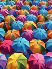 Photography of an top angle view of many colorful umbrellas walking towards horizon, bright colors, realistic, depth of field