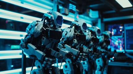 Fototapeta premium Robots in a high-tech lab, lined up for testing or deployment, highlighting advanced robotics and futuristic technology.