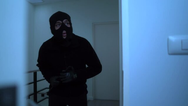 The thief with black mask holding crowbar and looking around for robbery while walking inside the apartment, home security to prevent the crimination, criminal impact on economic society.
