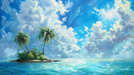 Obraz premium ¨Painting of a tropical island with 2 palm trees in foreground on the left side, blue bright sky with white clouds
